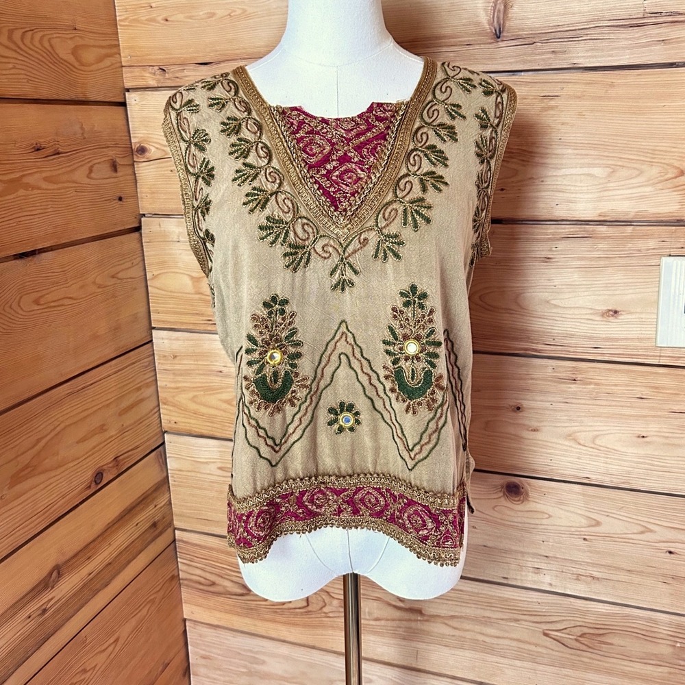 Vintage Cotton Embroidered Shuka Mirror‎ Vest Women Large Tan Boho Handmade